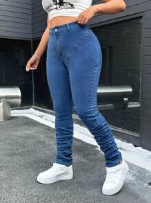 SHEIN EZwear Jeans casuales ceñidos con drapeado de talla grande para mujeres