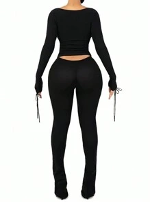 SHEIN EZwear 2 件套大码女式蝴蝶结装饰前系带长袖上衣和裤子套装 - 黑色 - 查看 2