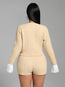 Zolique Lässig Zopfstrick Strickjacke und Shorts 2-teiliges Set - Aprikosenfarben - Übersicht 2