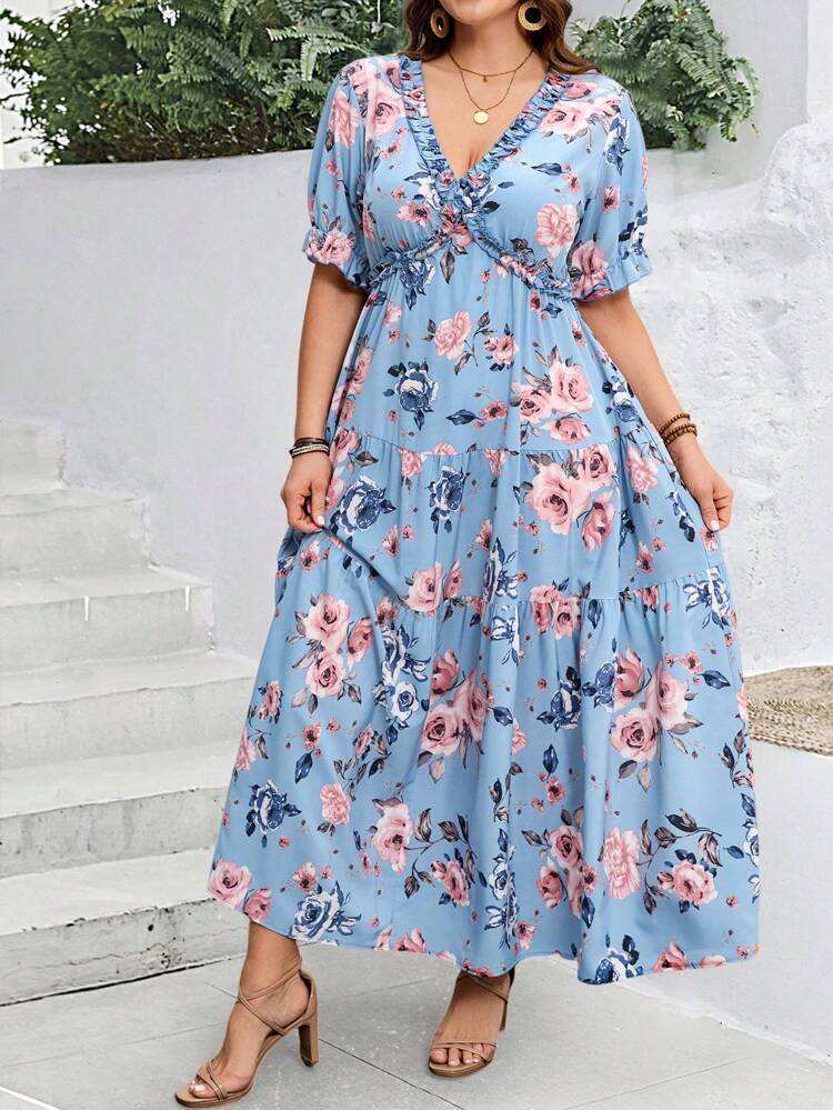 Plus Size Summer Casual Floral Print Blue Butterfly Short Sleeve Long Dress,V-Neck Boho Vacation Holiday Beach Sundress For Women,St Patrick Day