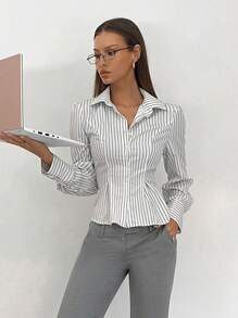 SHEIN Essnce 女士修身条纹长袖衬衫、白衬衫、女士商务装 - 黑與白 - 查看 2