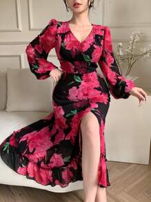DAZY V-Neck Lantern Sleeve Slit Floral Mid-Length Women Dress Prom Dress Elegant,Ruffle,Fall Dress Long Sleeve Dress Easter Maxi Dress - Red - View 4