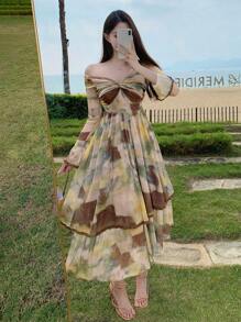 DAZY Botanical Print Floral Trumpet Sleeve Ruffle Trim Contrast Shoulder Midi Dress For Women,Fall Dress Long Sleeve Dress Off Shoulder Vacation Outfits Women - Multicolor - View 3