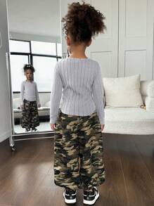 SHEIN Young Girl Knit Solid Color Long Sleeve T-Shirt And Camouflage Joggers For Streetwear,Great For Casual & Daily Wear ,Autumn Winter