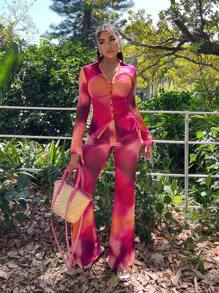 SHEIN SXY 2pcs Set Sexy Sheer Elegant Tie Dye Print Blouse And Pants Outfit - Pink - View 1