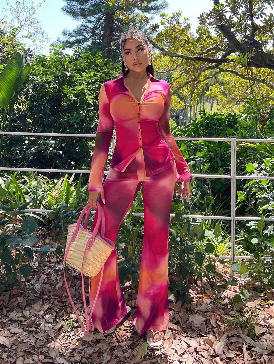SHEIN SXY 2pcs Set Sexy Sheer Elegant Tie Dye Print Blouse And Pants Outfit - Pink - View 1