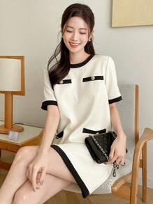 DAZY Color Block Round Neck Women's Casual Short Sleeve Mini Dress Sundress - Beige - View 3
