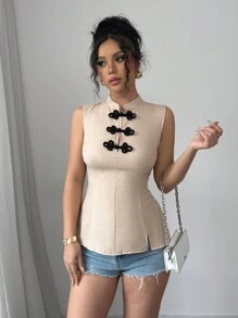 SHEIN Unity Women's Spring/Summer Stand Collar Buttoned Sleeveless Elegant Blouse - Khaki - View 4