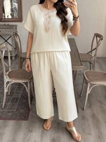 SHEIN LUNE Plus Size Chillax Mother's Day Cozy Fit Women Military Green-Color Casual Decorative Collar Summer Western Wear Women Boho Bohemian 90s Clothes Festival Modesty Clothes Women Outfits Western Wear Women Cowgirl Outfit Boho Bohemian Country Summer Boho Old Money Summer Outfits For Women Rave Outfits Festival Outfits Slouchy Casual Style Bohemian 2pcs/Set - Beige - View 4