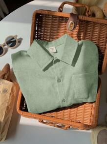 SHEIN Leap Crew 1 件装年轻男孩休闲校园风格舒适、百搭、简约实用的纽扣衬衫，适合幼儿园、返校、青少年男孩、儿童日常服装、学校服装、圣诞节服装、春秋冬季服装 - 薄荷綠 - 查看 6