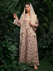 Al Najma Đầm Abaya cổ tròn họa tiết hoa nhỏ màu trơn viền cong có khăn trùm đầu, kín đáo - Màu be - Xem 3