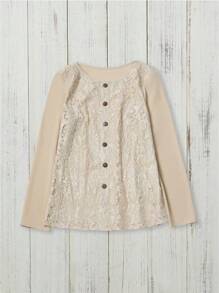 SHEIN LUNE Women's Vintage Contrast Lace Long Sleeve Button Up Blouse - Khaki - View 6