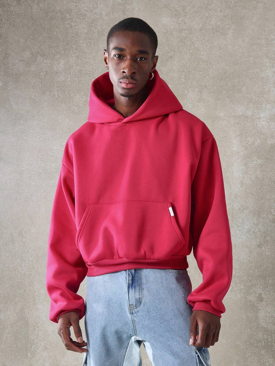 SUMWON Oversized Fleece Hoodie Fall Winter Casual Sweatshirt Streetwear Relaxed Fit Loungewear Minimalist Essential Comfortable Athletic Workout Unisex Pullover Hood Drawstring - Red - View 1