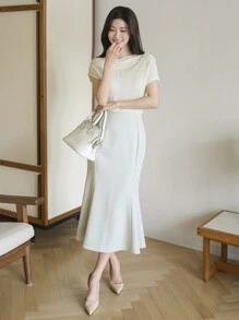 DAZY 纯色不对称肩部女式短袖休闲T恤学院风上衣 - 杏色 - 查看 8