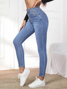 SHEIN Essnce Casual Washed High-Waist Slim-Fit Denim Jeans - Light Wash - View 1
