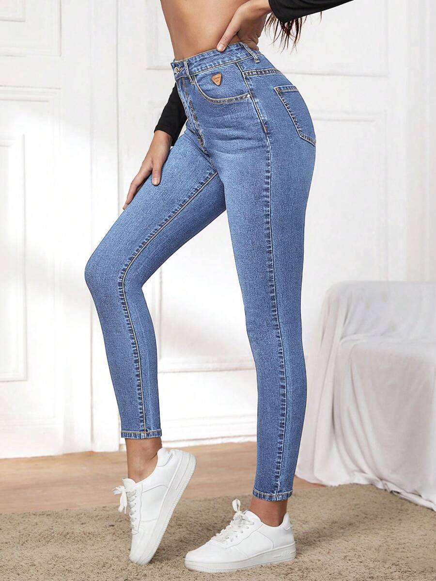 SHEIN Essnce Casual Washed High-Waist Slim-Fit Denim Jeans - Light Wash - View 1