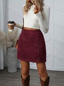 Calvaya Plus Size Women Solid Color Buttoned Side Split Hem Short A-Line Skirt, For Christmas, Winter Burgundy Corduroy Women