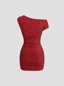 Sweetra Vestido de fiesta de un hombro sin espalda entallado para mujer, vestido mini sexy de un hombro rojo asimétrico y fruncido de lujo