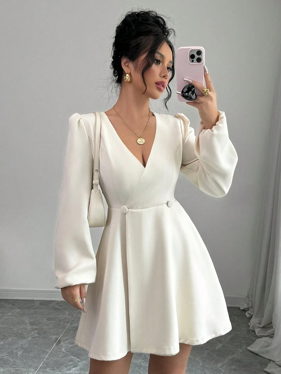 Selianne 1 件女式纯色常规 V 领双排扣裹身长袖衬衫裙 - 杏色 - 查看 1