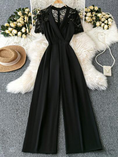 SHEIN Clasi 女士简约撞色蕾丝短袖阔腿连体裤，通勤装