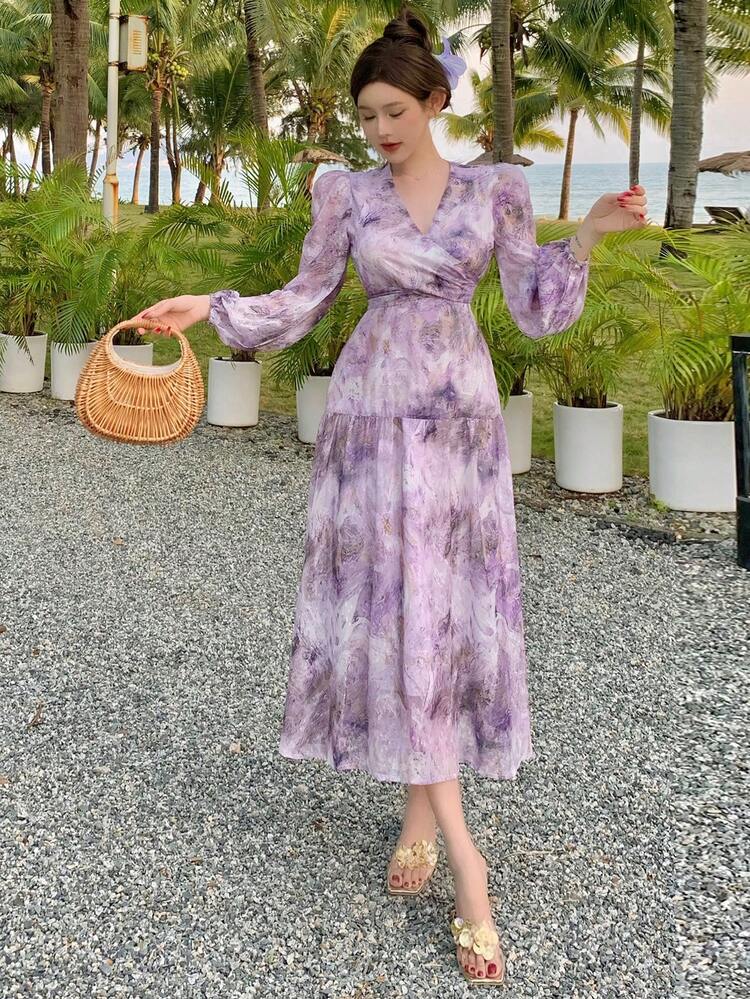 Women's Floral Print Surplice Waist Midi Dress,Fall Dress Long Sleeve Dress Boho