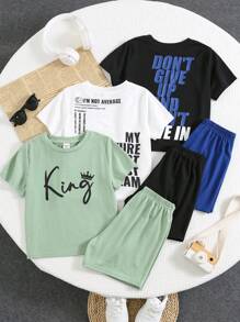 6 paquetes de camisetas de cuello redondo y pantalones cortos con estampado de letras casuales y deportivos de estilo universitario retro para niños pequeños. Juego de varios paquetes rentable adecuado para atuendos de niños, ropa de niño pequeño de vuelta al colegio. Adecuado para fiestas de cumpleaños, fiestas de noche, actuaciones, bodas, bautizos, ceremonias de apertura, uso diario, escuela, viajes, deportes, y temporadas de primavera y verano.