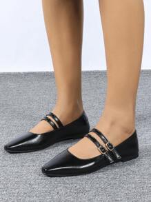 CUCCOO BIZCHIC 2024 新款春秋女士休闲平底乐福鞋，双丝带装饰方头，百搭纯色