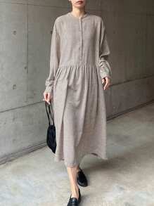 FRIFUL Women's Loose Solid Color Midi Linen Dress