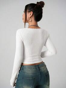 SHEIN ICON Women's Plain Long Sleeve Minimalist Ribbed Casual Y2K Square Neck Holiday Snow Women Beige Comfy Top, Daily Wear