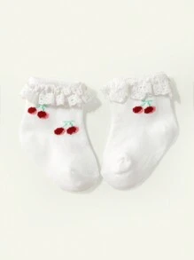 Cozy Pixies 1 Pair Basic Cherry Pattern Baby Girls Cotton Lace Trim Socks, Suitable For Daily Wear, All Seasons