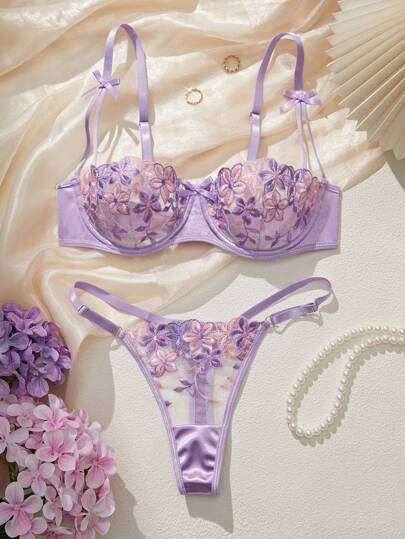 Conjunto de lencería sexy para mujer con 2 piezas de bordado floral romántico en color morado