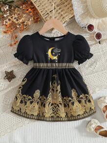 SHEIN Baby Girl's Unique Retro Print Pattern Cute Puff Sleeve Dress - Black - View 2