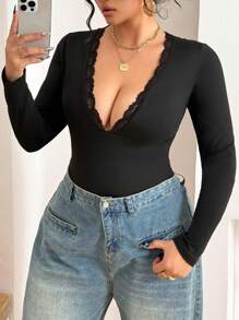 Calvaya Áo thun tay dài bó sát cổ chữ V họa tiết ren màu trơn gợi cảm cho nữ cỡ lớn - màu đen - Xem 5