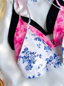 SHEIN Conjunto de 3 piezas para adolescentes: Top de bikini halter de unicolor y estampado floral diminuto