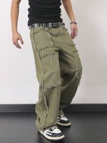 Manfinity EMRG Men's Casual Patchwork Fringed Jeans - Army Green - View 4