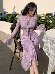 DAZY Women All-Over Floral Print Tie-Wrap Midi Dress,Ruffle - Blue - View 5