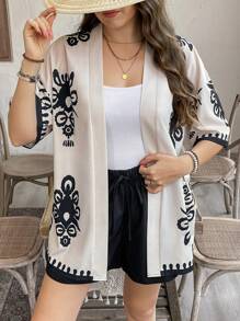 SHEIN LUNE 2pcs/Set Plus Size Women Graphic Print Short Sleeve Top And Solid Color Shorts Casual Set Western Wear Women Festival Boho Hippie Cowgirl Outfit Old Money Bohemian Summer Boho Old Money Summer Outfits For Women Spring Break Rave Outfits Festival Spring Break Outfits