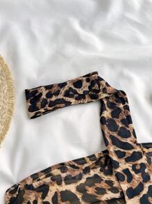 SHEIN Teen Girls Spring/Summer Multi-Color Leopard Print Bodycon Ruched Crop Top With Detachable Scarf Shawl Set - Multicolor - View 4