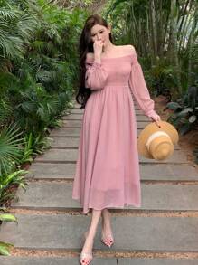 DAZY Women's Solid Color Waist Cinched Off Shoulder Dress,Fall Dress Long Sleeve Dress - Pink - View 10