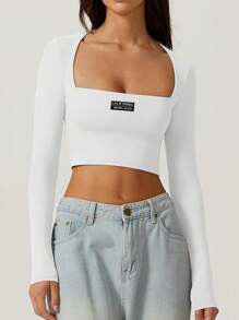 Muchica 3pcs/Set Simple English Logo Print Women Sexy Off-Shoulder Cropped Long Sleeve Fitted Short Tops - Multicolor - View 3