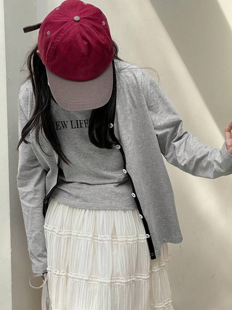 Tween Girls 2pcs Set: Letter Print Single-Breasted Long Sleeve Jacket & Letter Print Tank Top