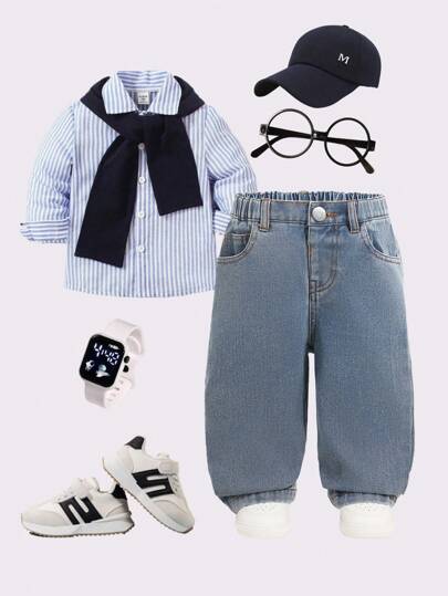 男婴水洗蓝色休闲宽松直筒牛仔裤，简约时尚的设计适合日常穿着