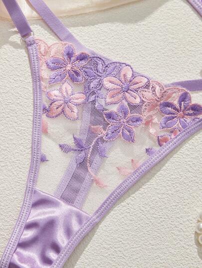 Paars Romantic Bloemen Geborduurde Women Verleidelijke Lingerie Set view 4