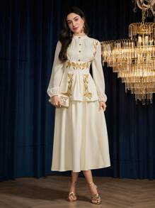 Modelyn 2pcs Women Floral Print Chiffon Blouse And A-Line Skirt Set, Elegant And Romantic - White - View 1