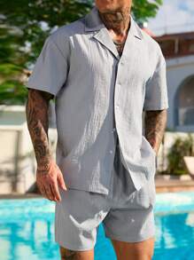 Zalmeno 男士休闲度假装，短袖上衣和短裤，简约时尚，适合日常穿着 - 銀色 - 查看 8