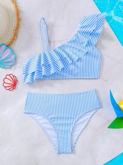 SHEIN Tween Girls Casual Multi-Layer Ruffle Asymmetrical Neck Spaghetti Strap Bikini Set, Summer Beach Vacation