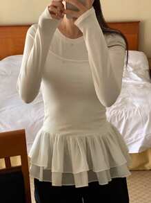 DAZY 2pcs Women's Solid Color Long Sleeve Base Layer T-Shirt & Chiffon Jumper Dress Set, White, Spring/Summer