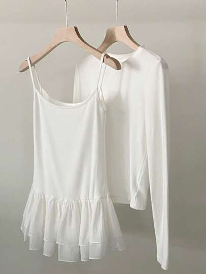 DAZY 2 件女式纯色长袖打底 T 恤和雪纺套裙套装，白色，春夏