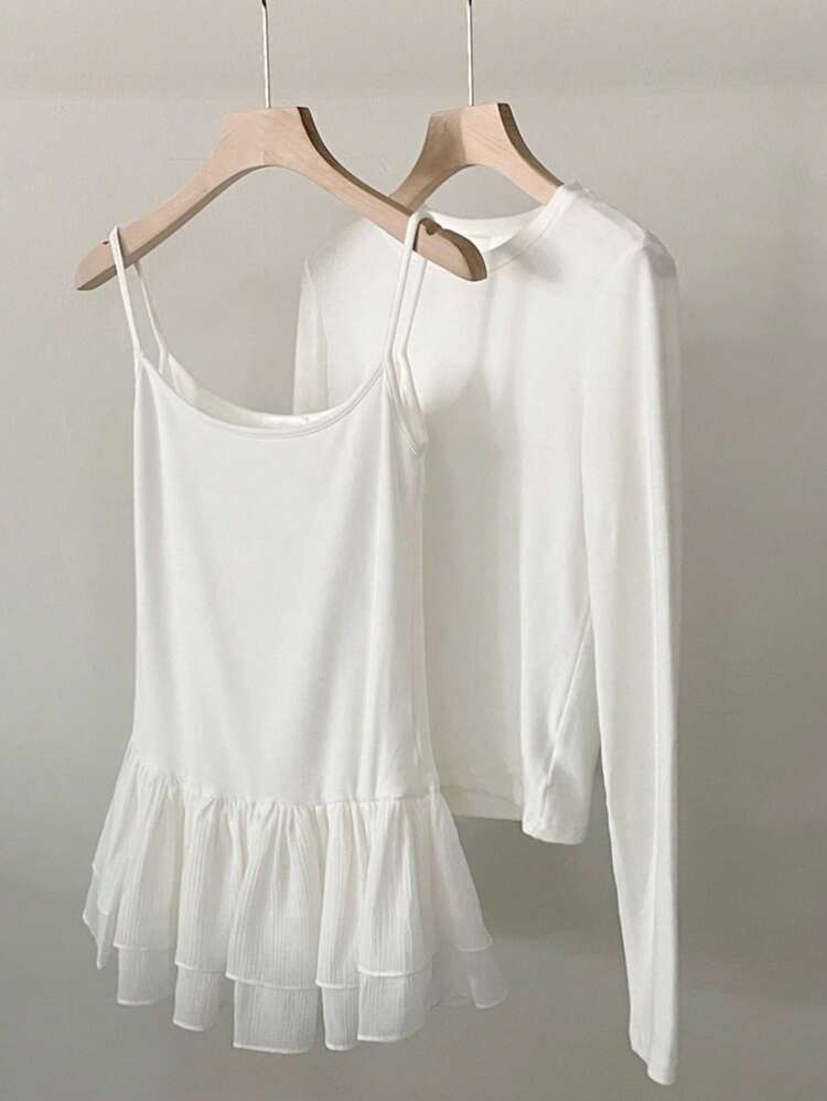 2pcs Women's Solid Color Long Sleeve Base Layer T-Shirt & Chiffon Jumper Dress Set, White, Spring/Summer