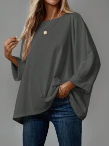 SHEIN CURVE+ 大码长袖宽松舒适家庭风格女式 T 恤 - 深灰色 - 查看 5